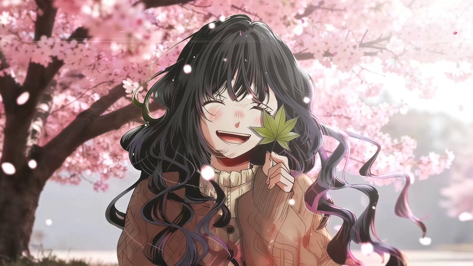 樱花树下的黑卷发少女，手持绿叶开心微笑，花瓣纷飞