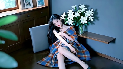 百合花架前小憩的美女