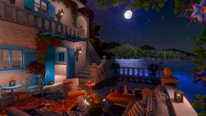 夜晚湖边别墅小屋