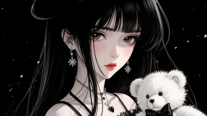 小熊和黑发红唇冷甜少女