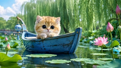 荷塘小船上的可爱橘猫