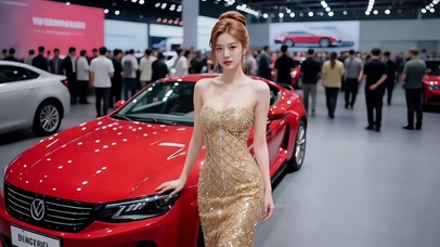 车展红色跑车旁的美女车模