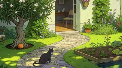 花园树木猫咪带鱼屏