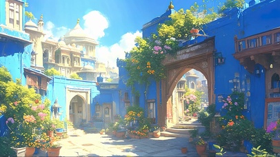 蓝天阳光异域小院插画