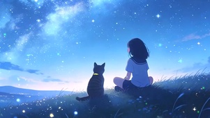 夜景女孩与猫咪坐在草地上带鱼屏