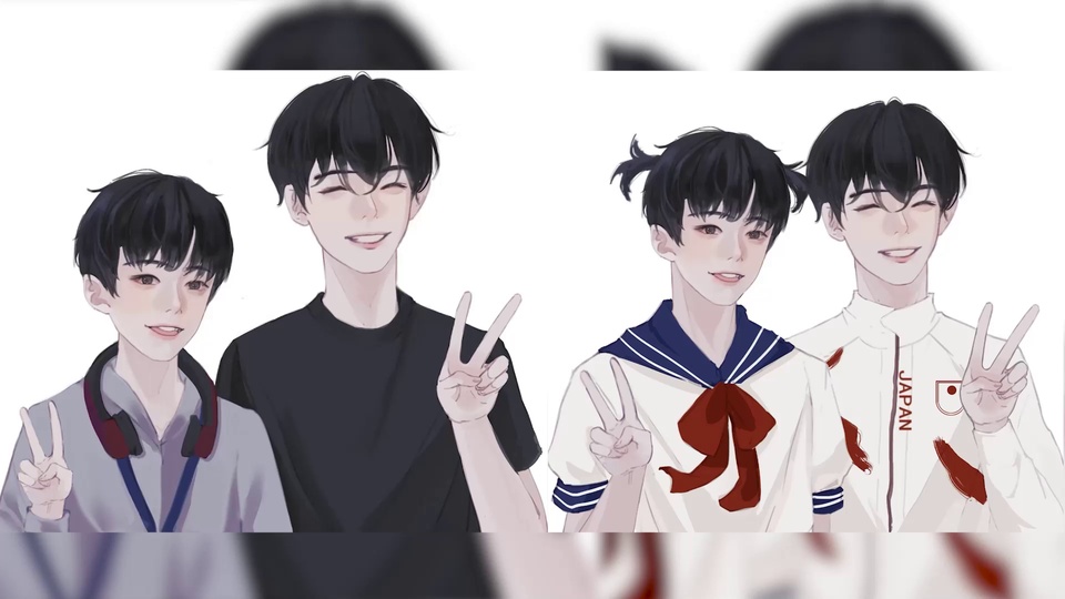 四名黑发二次元少年并排站立比出剪刀手的插画