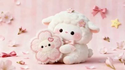 毛绒绒的小羊与樱花