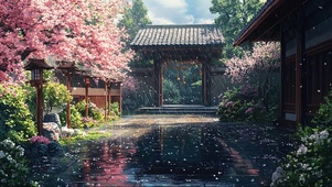 粉色春日庭院古镇建筑