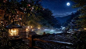 雨夜星空山间温泉夜景