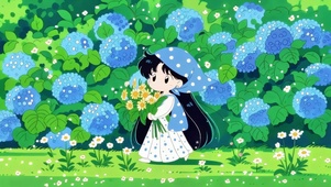 绣球花田的抱花少女