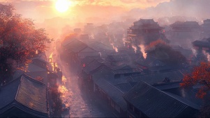 秋日朦胧清晨古镇美景