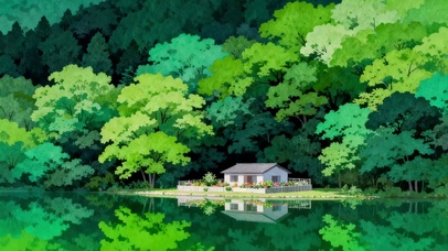 唯美绿色树林湖边小屋