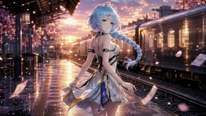樱花车站蓝发二次元美少女