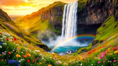 唯美高山瀑布彩虹