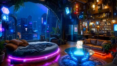 未来科幻雨夜房间