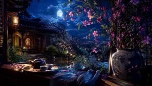 静谧月夜古风庭院