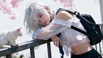 银发校服少女与白猫的治愈邂逅