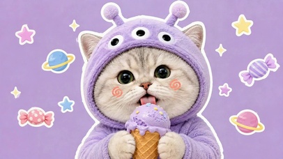 紫系太空萌猫吃冰淇淋