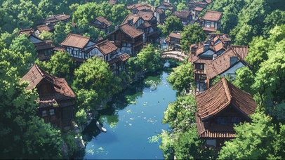 绿色树林溪流古镇木屋