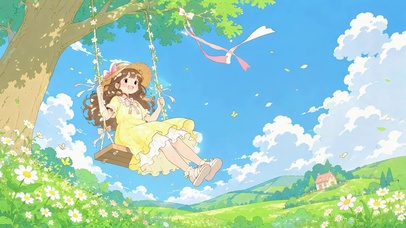 清新春日秋千少女
