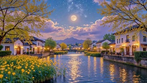 星空月夜河畔小镇风光