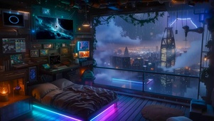 未来城市雨夜房间