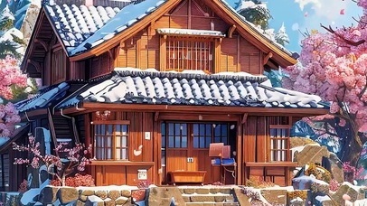 蓝天白云樱花树木雪景带鱼屏