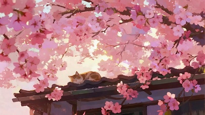 桃花树下的小猫