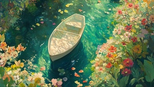 静谧春日花海湖面小船