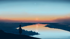 夕阳湖泊少女