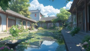 夏日晴天古建庭院池塘