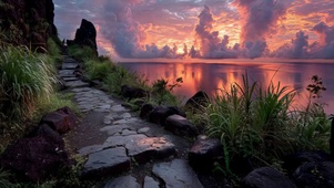 梦幻晚霞海岛悬崖小径