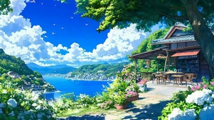 白云树木海景