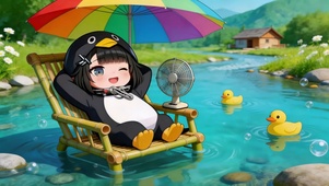 溪边躺椅晒太阳的企鹅管理员