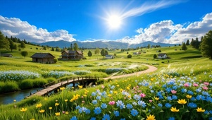 护眼蓝天白云树木河流