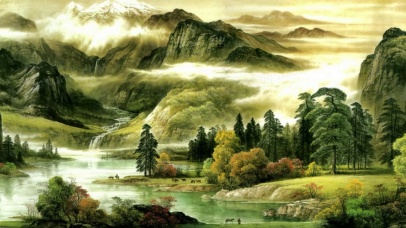 唯美山水画高山流水花草树木