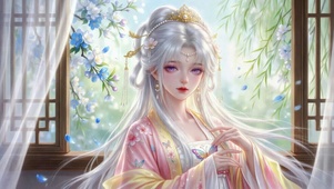 窗边银发古风汉服美人