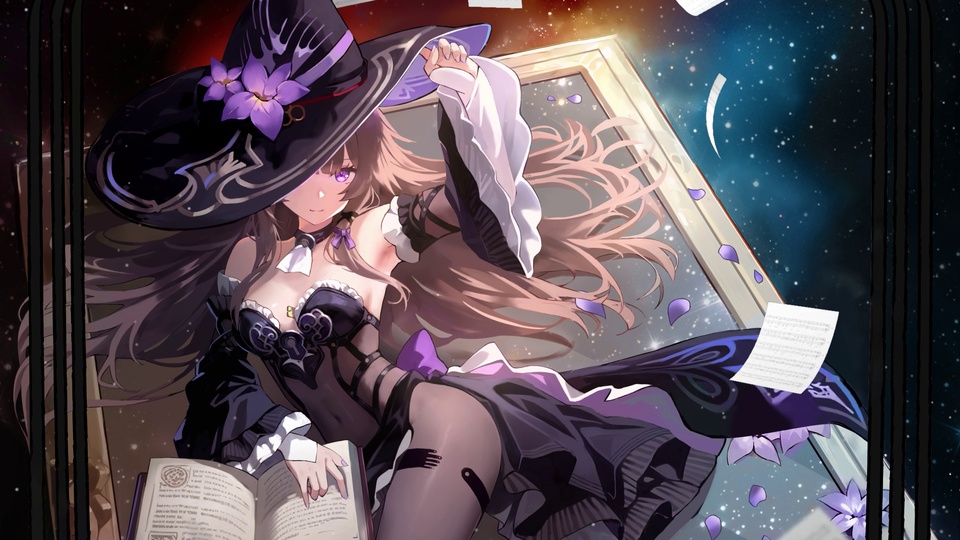 二次元黑紫魔女少女坐在星空窗前，身侧飘落花瓣与散落的书页。
