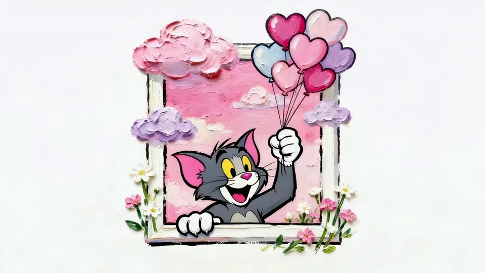 厚涂画框探出的灰猫，举着粉紫蓝爱心气球