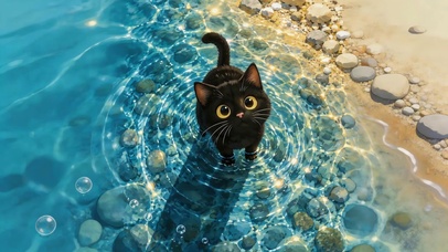 清澈湖面小黑猫