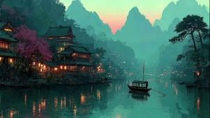 朦胧傍晚山林湖畔建筑