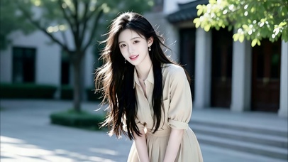 民国风建筑前的甜美笑容美女
