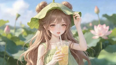 喝果汁的可爱荷叶少女