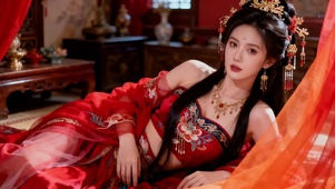古宅侧躺红纱衣古装美女