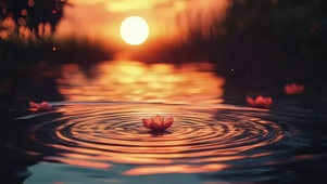 荷花池塘黄昏森林涟漪