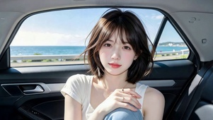 海边车中清纯短发美女