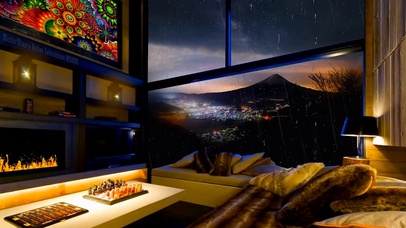 温暖房间 夜雨的富士山