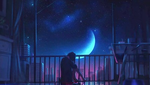 4K 夜晚城市窗边孤独动漫少女