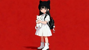 猫耳女孩抱着萌宠