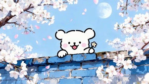 飘落樱花墙顶可爱小狗